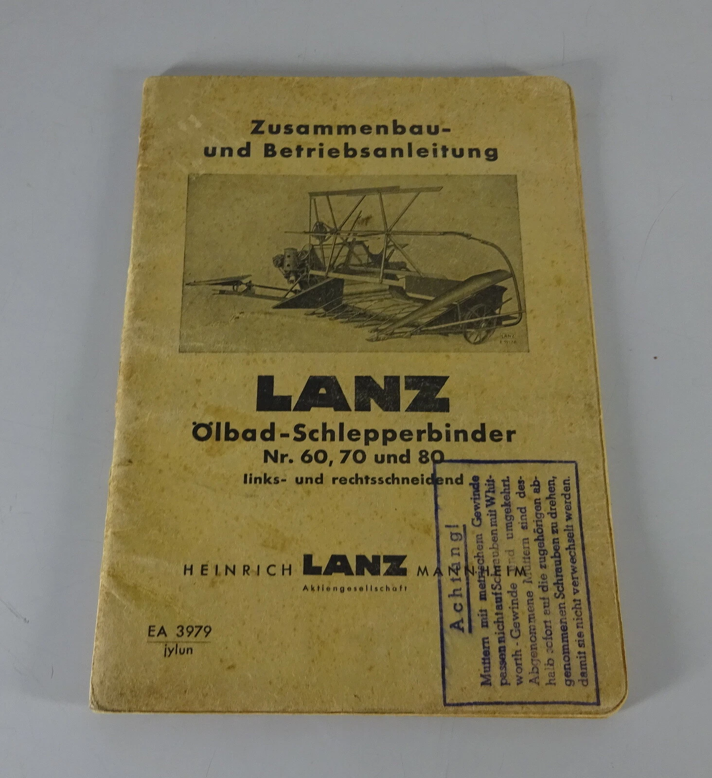 Operating Instructions / Manual Lanz Oil Bath Tractor Binder No. 60 / 70 / 80