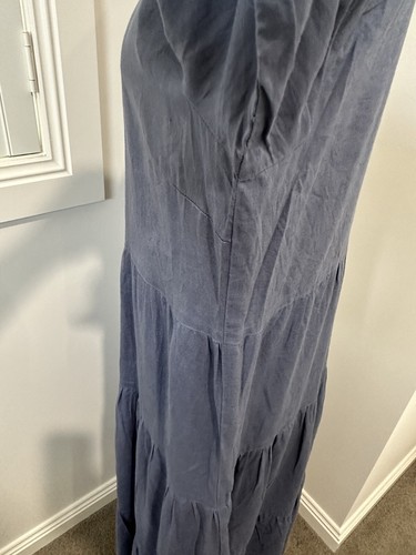 Blue Illusion 100% Linen Flowy Tiered Long Dress Modest Shell Buttons Boho M L - Picture 6 of 15