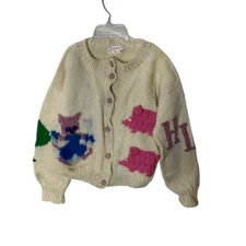 VTG Handmade 4T ? Knit Cardigan Sweater Girls Beige Cat Pig House Cottagecore 60