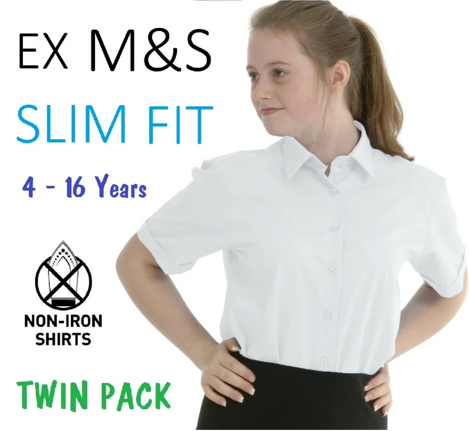 (TWIN PACK) Ex M&S Girls Slim Fit School Shirt Blouse White Short Sleeve 3-16Y