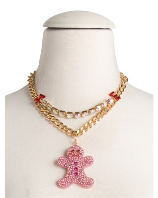 NWT! Betsey Johnson Glitter Gingerbread Ornament  Man Necklace Pink
