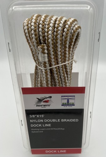 Dock Line 3/8 x 15 FT White & Gold Double Braid Nylon - Picture 2 of 4