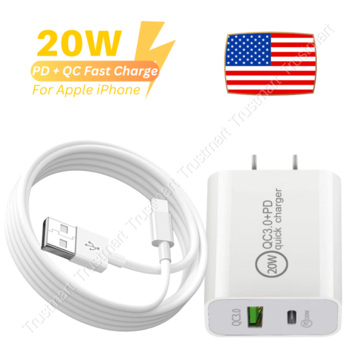 QC PD 20W Fast Charger Power Adapter Block USB Cable For iPhone 14 13 12 11 Pro - Afbeelding 1 van 13
