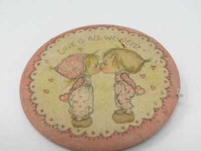 Vintage 70s Cloth Pinback Button Kissing Kids 'Love Is All We Need' Cartoon