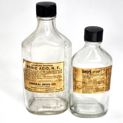 Vintage Tempra Syrup & Boric Acid Clear Glass Bottles Paper Labels Embossed