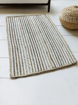 Beige Jute Rug Small Pale Cream Stripe Cotton Natural Rectangular Rugs 60 x 90cm - Image 1 of 4
