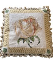 Decorative Needle point Feather Accent Pillow With Yellow Rose Design & Tassel T