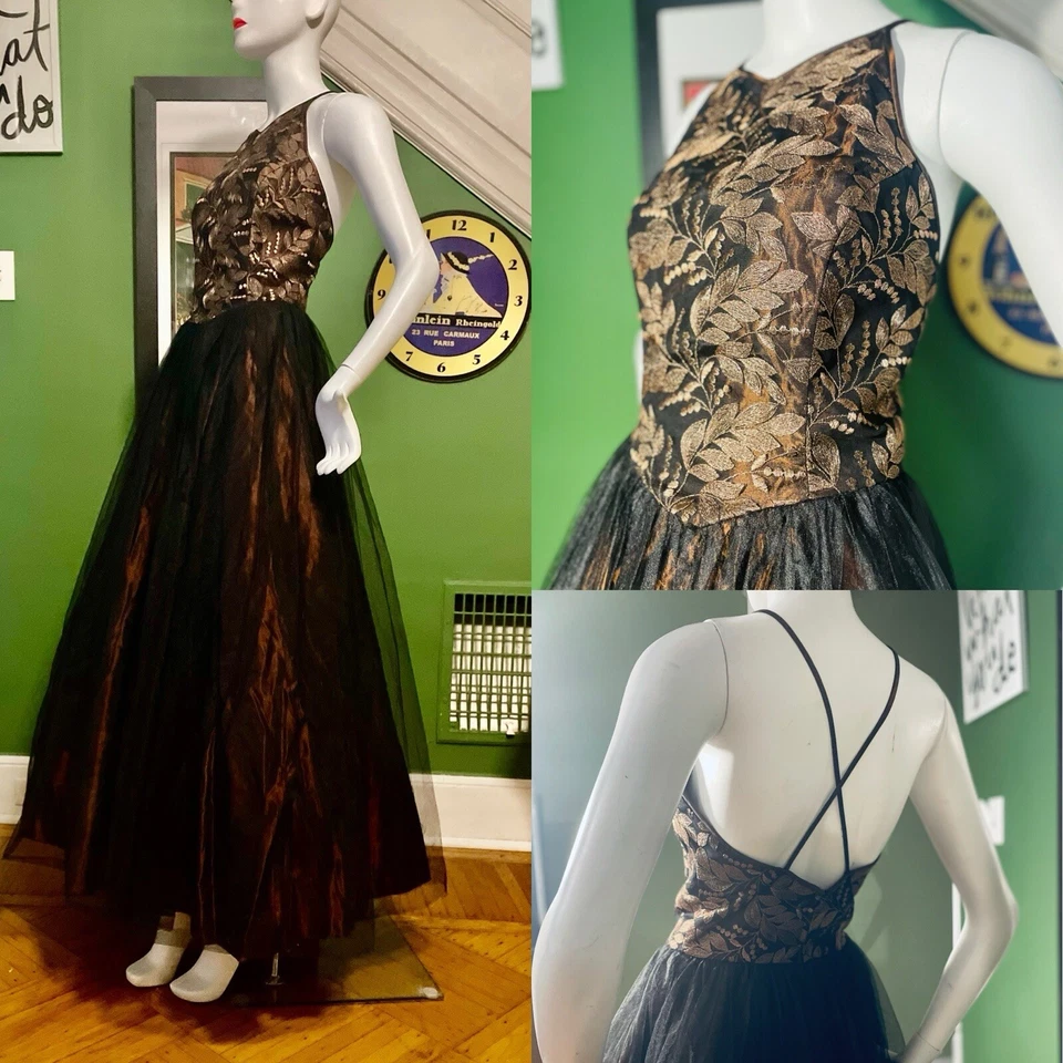 Vintage Cache Y2K Bronce Brocado Halter con Tul Falda Vestido Alfombra Roja Vestido S 36 Foto 4 de 4