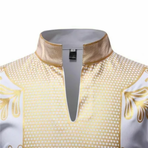Hot Men Print Shirt African Dashiki Luxury Tribal Metallic Gold Top Blouse Shirt - Picture 12 of 17