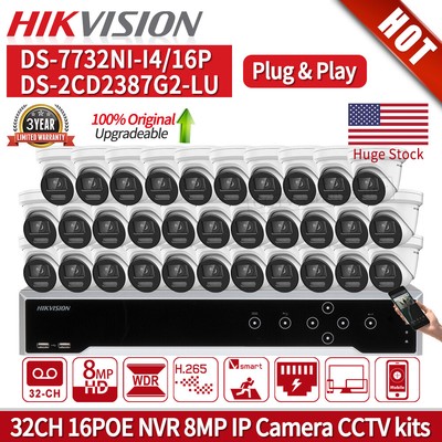 US HIKVISION 32CH CCTV SYSTEM 16 POE NVR DS-7732NI-I4/16P COLORVU 4K 2387G2 lot