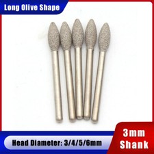 3mm Shank Brazed Diamond Grinding Head Burr Bit Carving Rotary Tool Long Olive