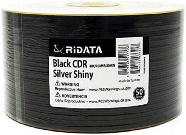 100 Pk Ridata CD-R, 52X, 80MIN, Black Bottom, Clear Hub, Silver Shiny, FREE SHIP - Image 2 of 2