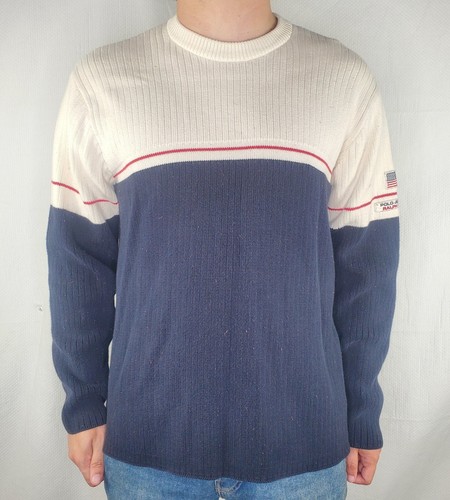 Vintage Polo Jeans Co. Ralph Lauren White / Navy / Red Colorblock Sweater Large - Picture 1 of 7