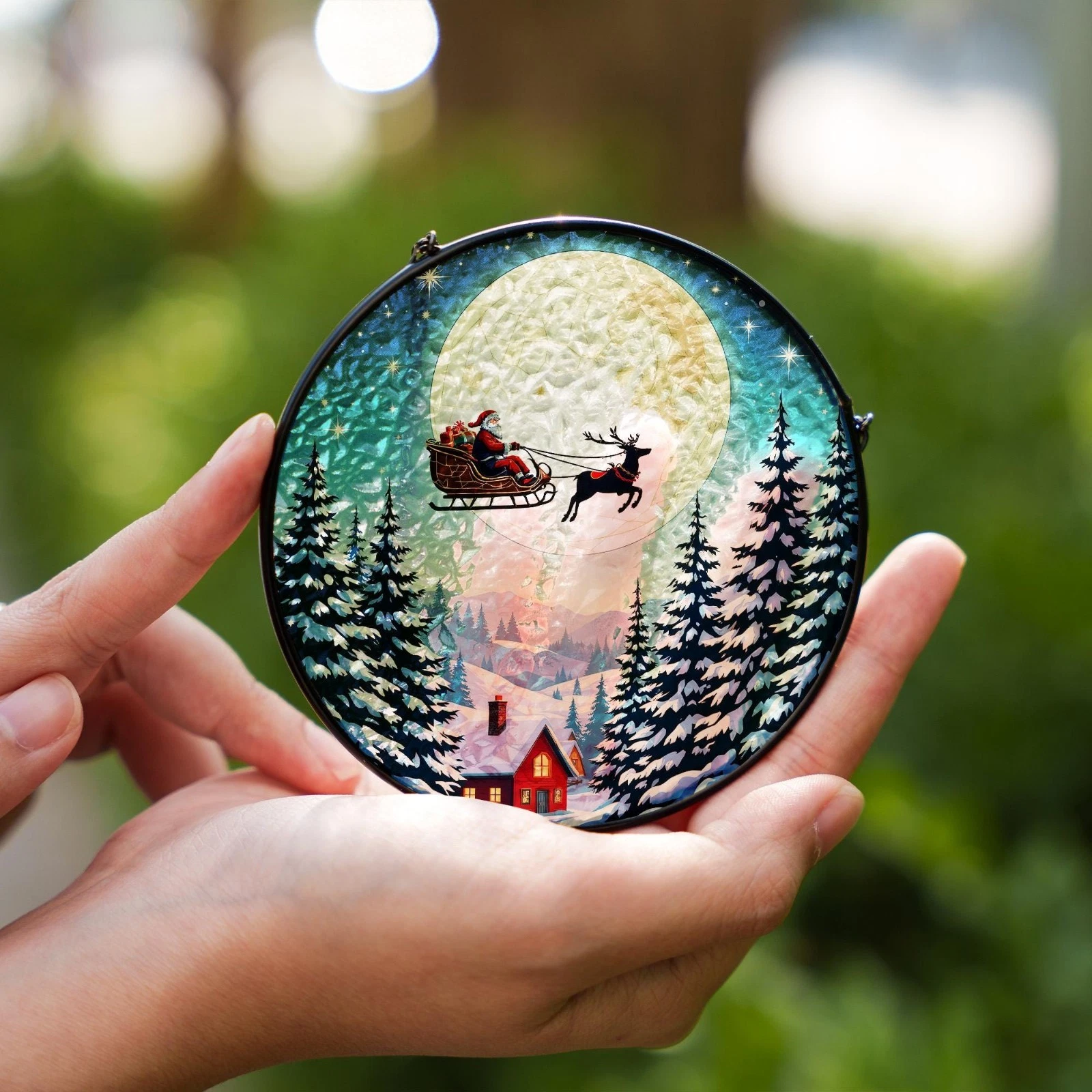 Santa Sleigh Suncatcher - Stained Glass Effect Christmas Window Decor