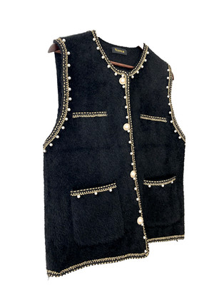 Veesa Black Fuzzy Pearl Trim Chain Sleeveless Vest Cardigan