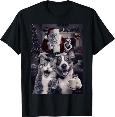 Funny Dog Cat Selfie With Santa Christmas Men Women Kid T-Shirt