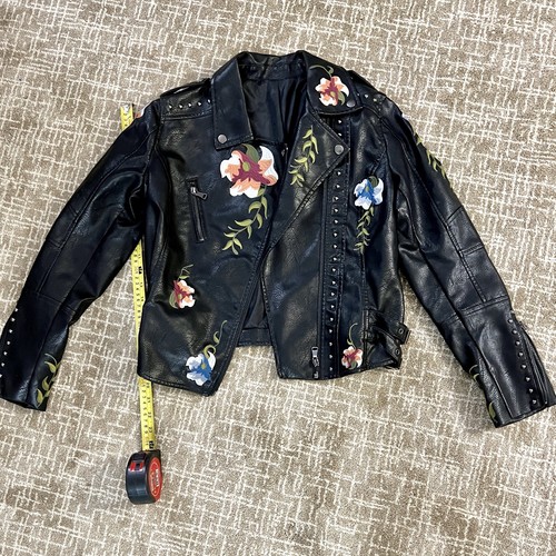 Womens Black Biker Jacket Coat Faux-Leather Floral Embroidery Motorcycle Zip EUC