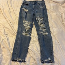 AMERICAN Eagle Curvy Mom Jeans Stretch Distressed Destroyed Raw Hem Sz 6