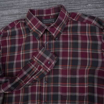 Tom James Shirt Men Button Down Plaid Red Executive USA Made Long Sleeve 2XL