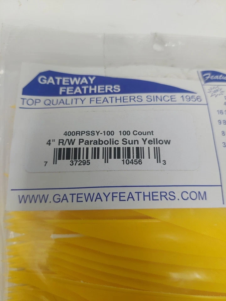 100 Pack Gateway Feathers 4" Right Wing: Parabolic Sun Yellow 400RPSSY-100 - Image 2 of 3