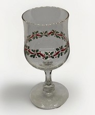 Libbey Glassware Christmas Gold Rim Holly Berries Goblet Set(3) Vintage Glass