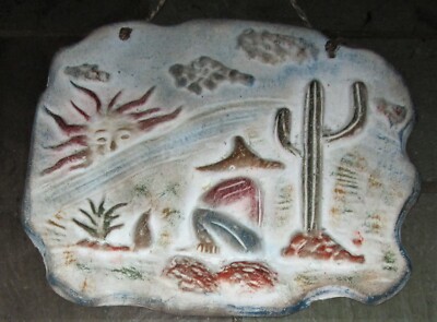 Vintage Hanging Pastel Tone Metal 3-D  Desert Scene Cactus Sun Plaque-14'' x11''