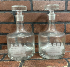 Vintage Tuscany Clipper Etched Ship Sailboat Glass Decanter Made In Romania Pair