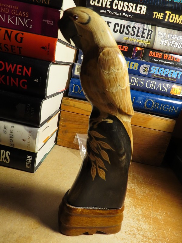 Bull Horn Carving Of A Parrot On Wood Base; Detailed; Unsigned