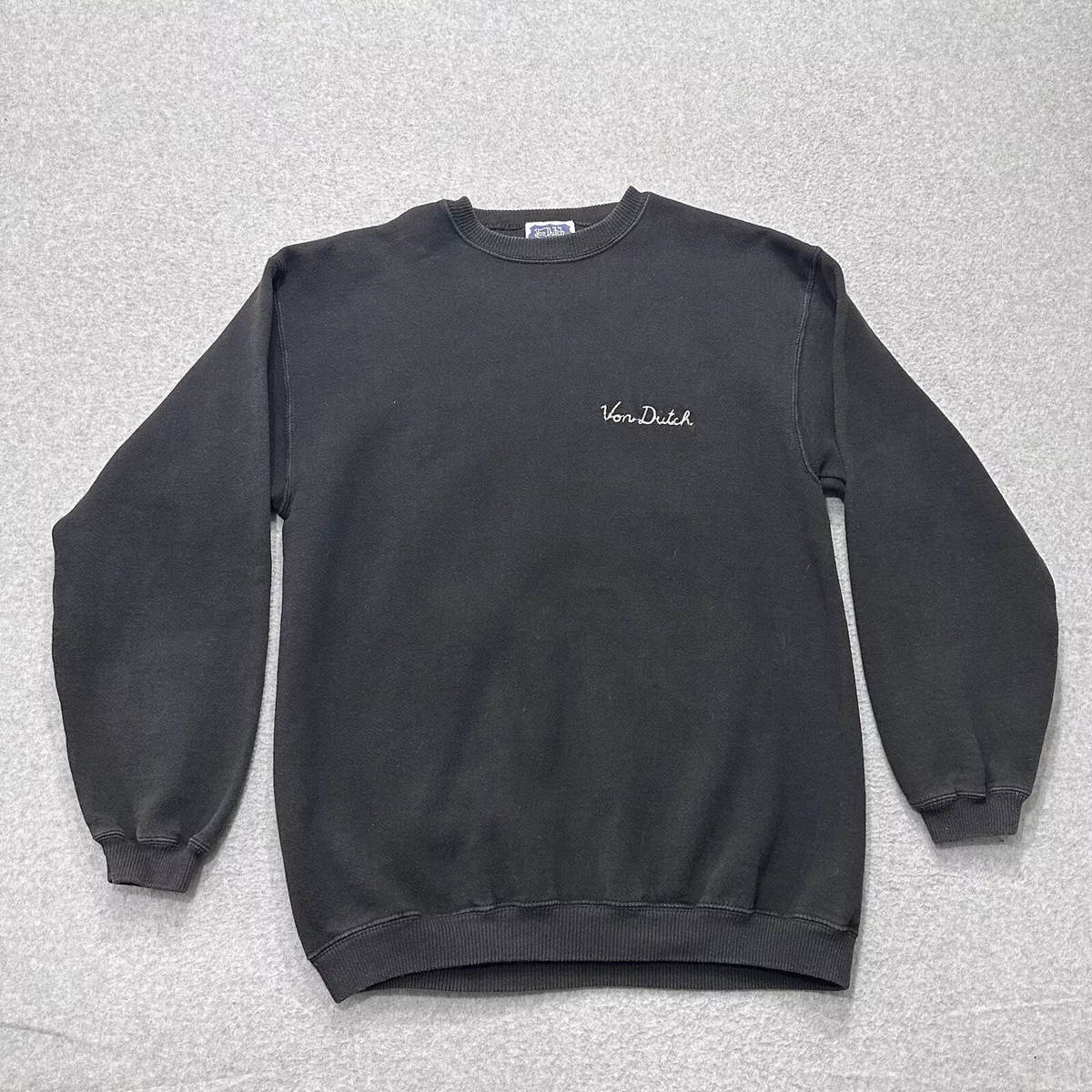 Vintage Von Dutch Mens Faded Black Crewneck Pullover Sweater Size