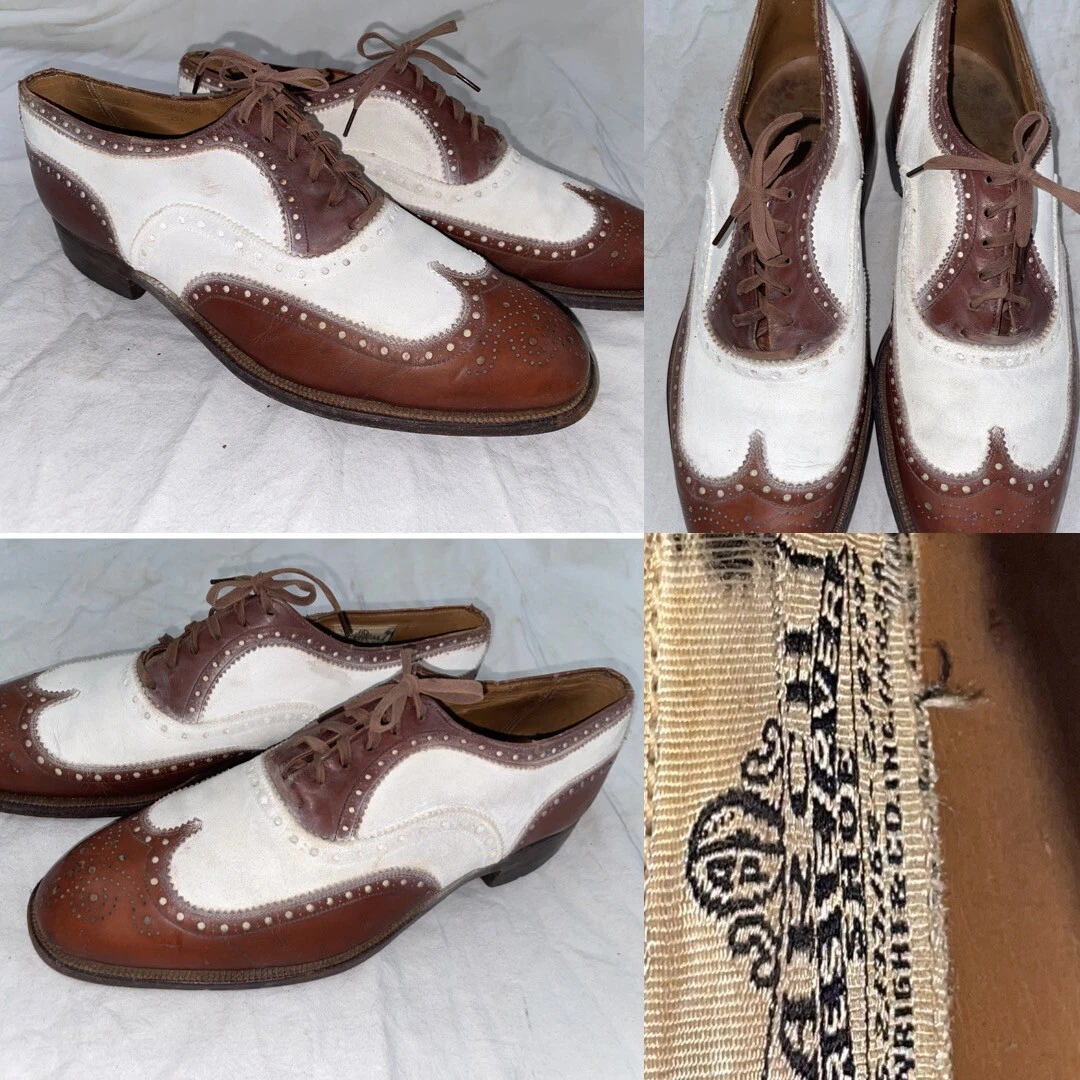 靴 80s vintage wingtip design leather shoes VTG 40s 8.5 BROWN WHITE LEATHER SPECTATOR WINGTIP WRIGHT LACED