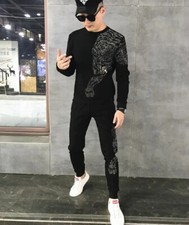 New Men Luxury Tiger Rhinestones Black Hoodie Pants Fashion Tracksuit