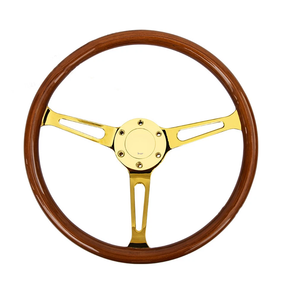 Volante de madeira 15" 6 parafusos para carro caminhão 3 raios clássico com botão de buzina - Imagem 2 de 4