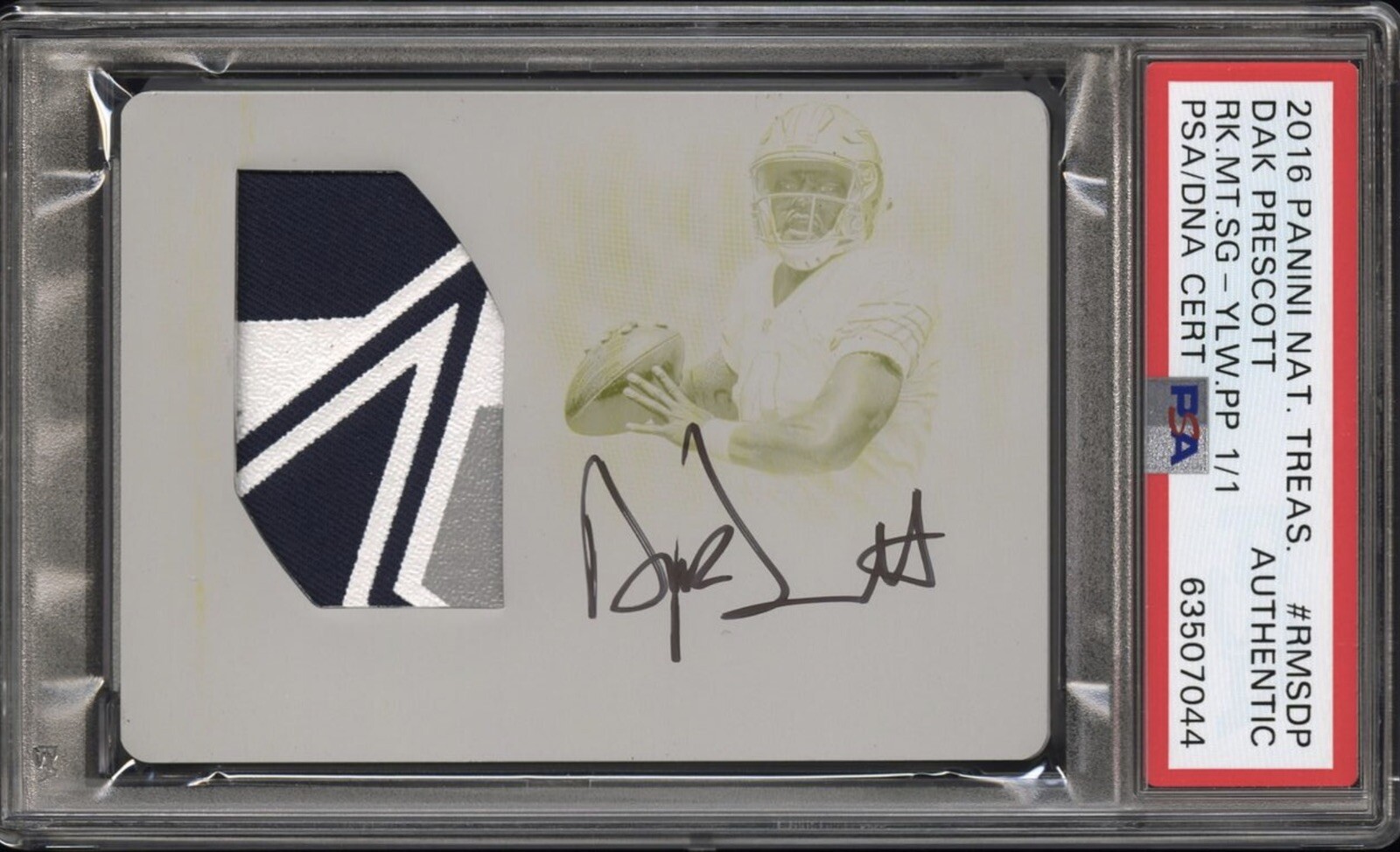 Dak Prescott Panini National Treasures Rookie Materials Signatures #RMSDP Yellow Printing Plate