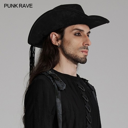 Punk Rave Men Black Brown Gothic Punk Western Cowboy Hat With Feather - 第 7/29 張圖片