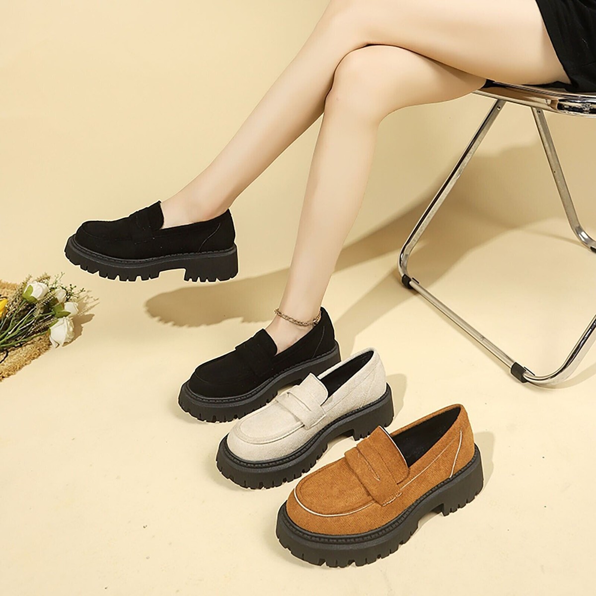 Loafers Chunky Flat Shoes For Womens Women's Fashion Black Loafers