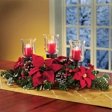 Collections Etc Christmas Poinsettia Candle Holder Centerpiece with Pinecones, R