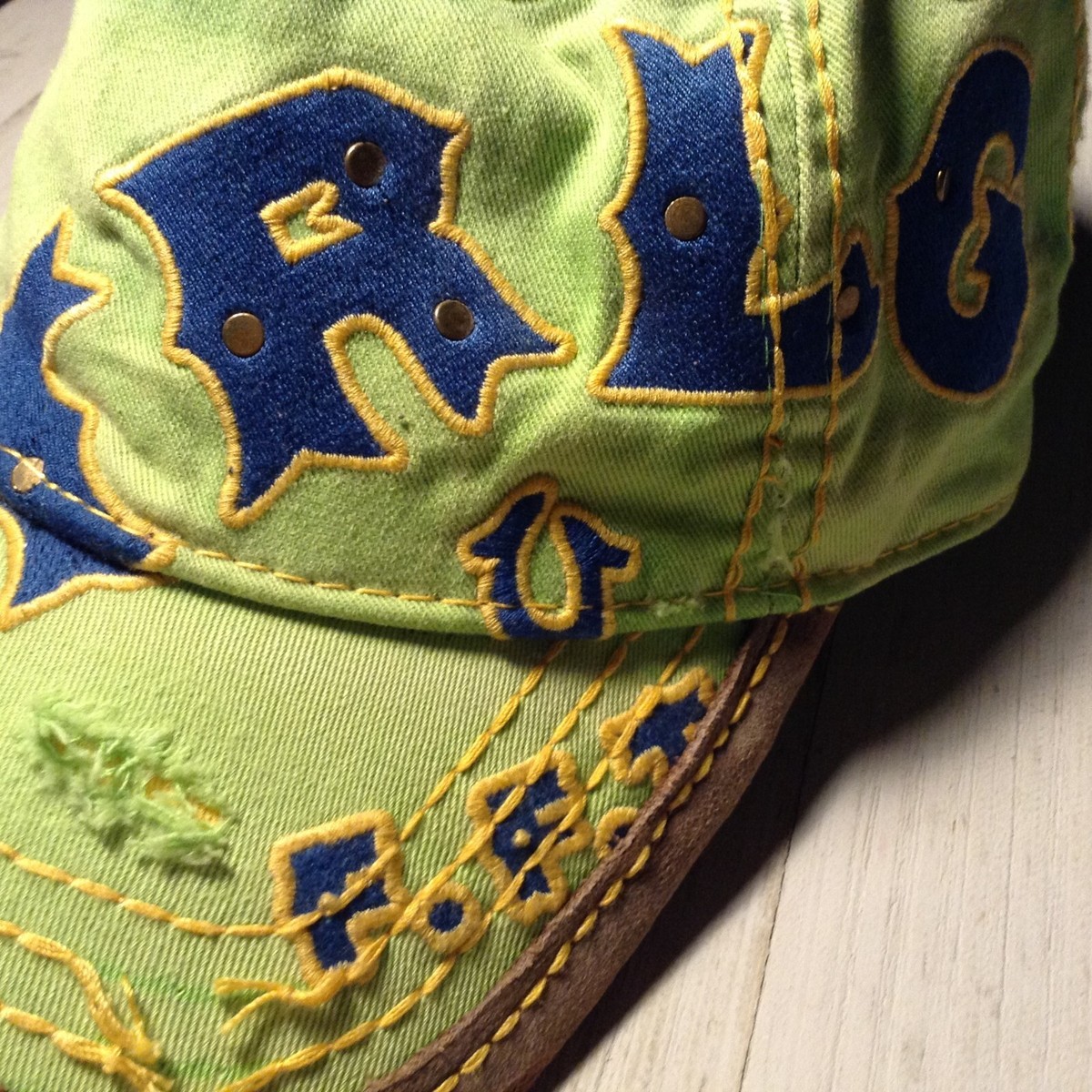 True Religion Brand Jeans Hat Cap Lime Green Blue Y2K Big T Stitch