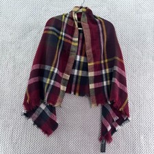 Oversized Classic Plaid Cozy Fall Blanket Square Scarf Burgundy Fringe Trim New