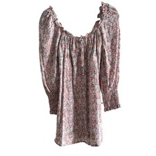 Faithfull The Brand Ira Mini Dress Pink Tie Smocked Ruffled Long Sleeve Sz M