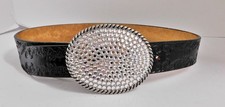 Vintage Tres Flores Swarovski Crystal Pewter Belt Buckle Tooled Black Belt 30 in