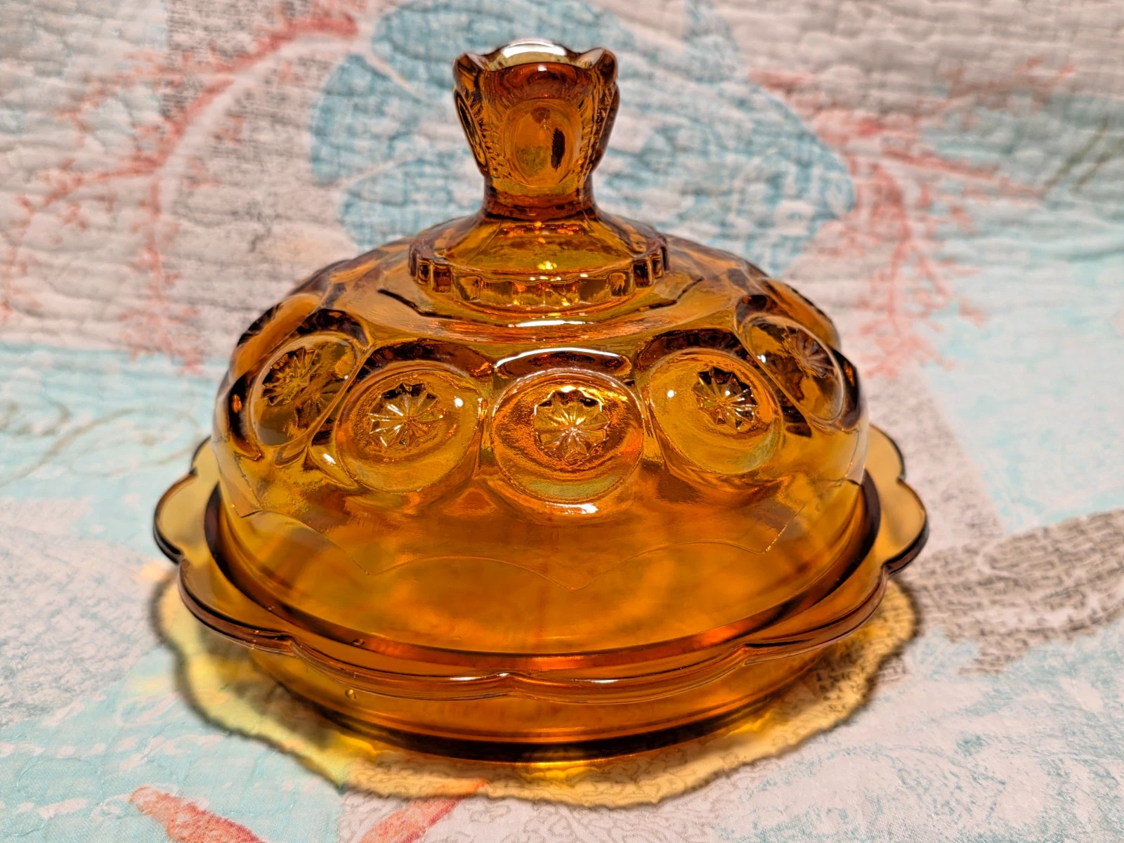 Vintage Amber L.E. Smith Glass Moon & Stars Round Butter Dish Lid & Saucer