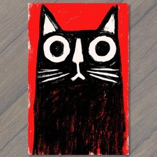 STICKER Black Cat Red Background Big Eyes Whiskers Abstract Gothic Strange