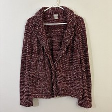 Chicos Size 3 Tweed Blazer Fringe Knit Maroon Winter Career Professional Cotton
