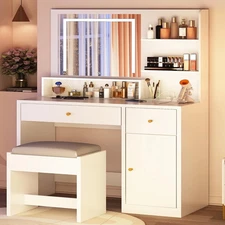 Make up Vanity table Power Outlet Led light Mirror Blowout 47" Storage Shelves.