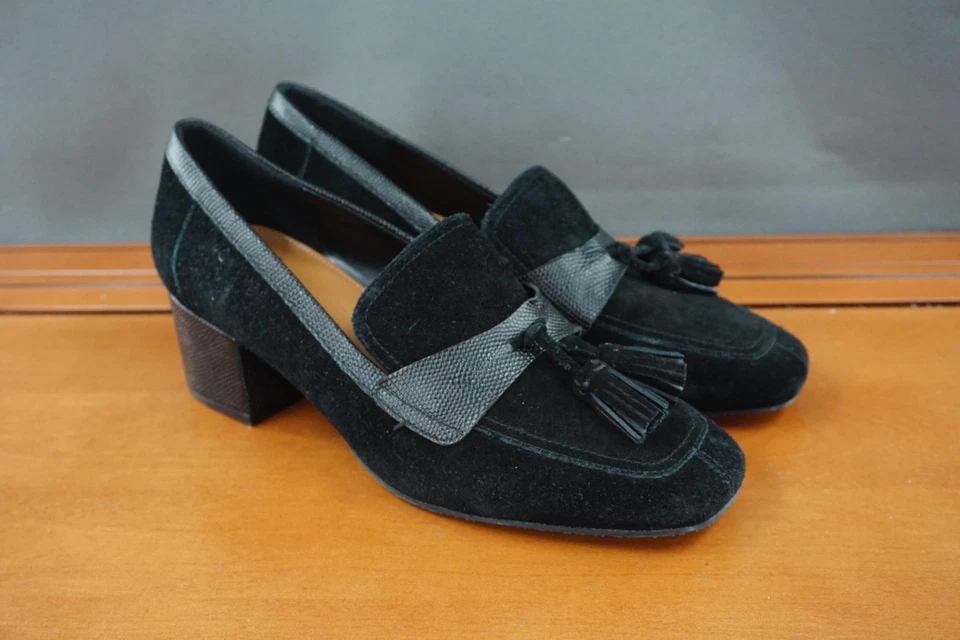 Donald Pliner Zapatos Mujer Talla 8.5 Negro Kressida Borla Mocasín Tacones Bloque Foto 3 de 4