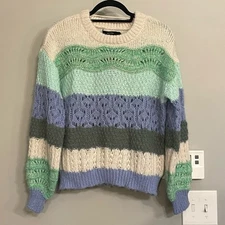 Vero Moda Boho O-Neck Sweater Relaxed Crew Neck Size L Cozy Striped Open Crochet