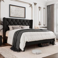 Full Size Platform Bed Frame with Button Tufted Headboard, Upholstered Bed Frame