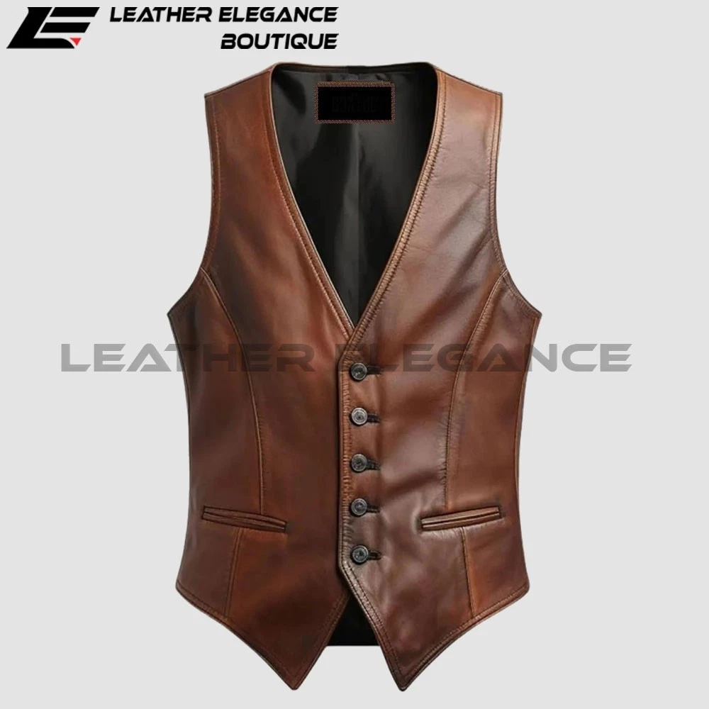 Men’s Brown Leather Waistcoat Vest – Vintage Western Formal Slim Fit Button
