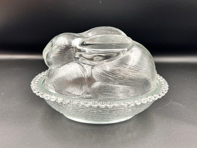 Vintage Indiana Clear Glass Bunny On Nest Easter Candy Trinket Dish