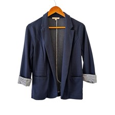 Skies Are Blue Blazer Womens Size M Navy Ribbed Knit Open Front Cuffed Sleeve